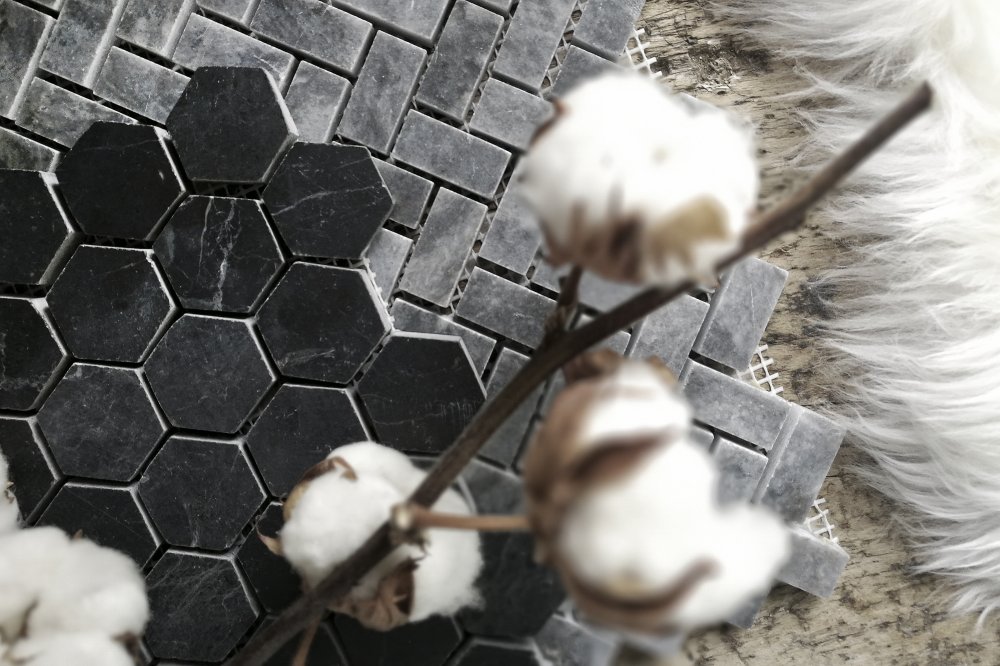 Designtegels Portugese cementtegel Mosaic Hexagone Border Negra