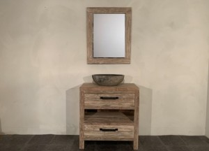 PUURTEAK BADMEUBELSET 80CM WHITE WASH INCL SPIEGEL & WASKOM - Puurteak badkamermeubelen