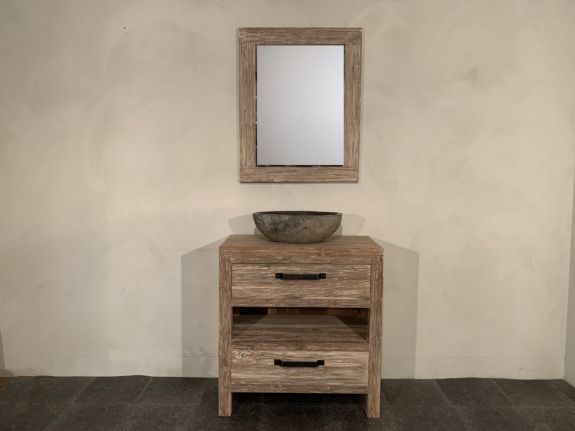 PUURTEAK BADMEUBELSET 80CM WHITE WASH INCL SPIEGEL & WASKOM