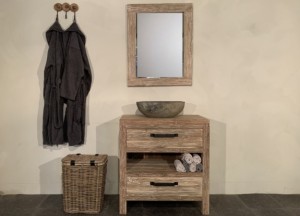 PUURTEAK BADMEUBELSET 80CM WHITE WASH INCL SPIEGEL & WASKOM