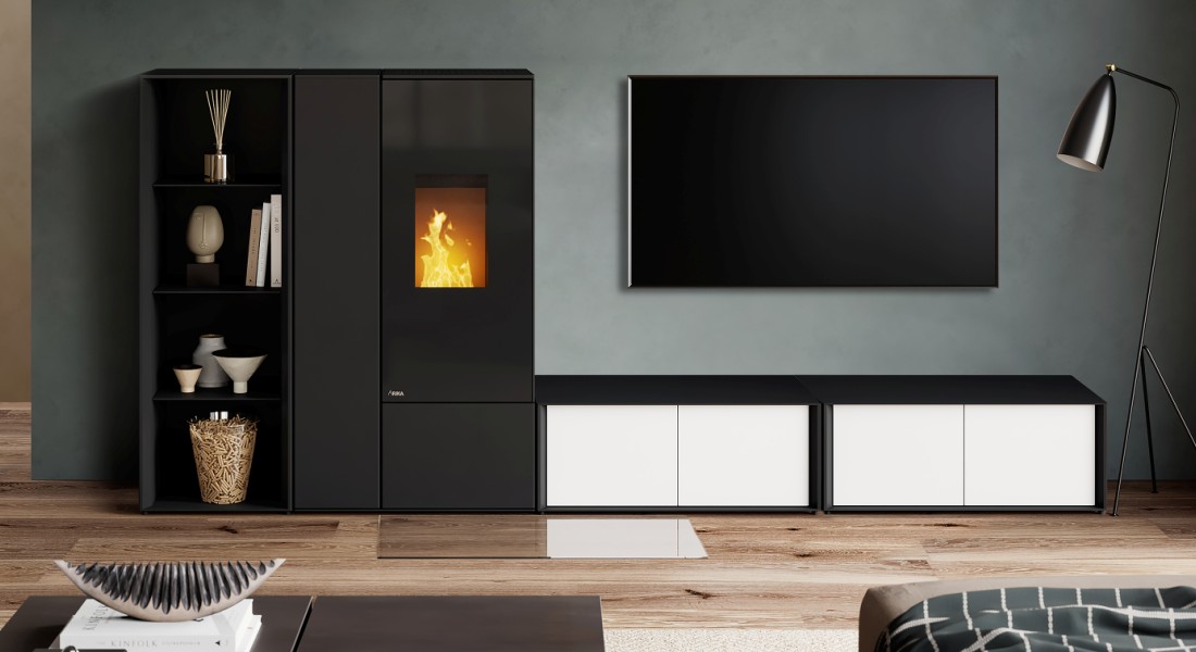 Moderne pelletkachel met zelf samen te stellen modulair haardmeubel