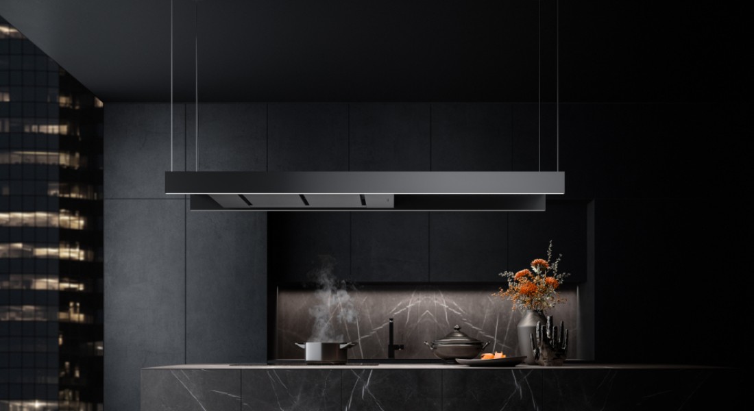 Afzuigkap voor het kookeiland: ultracompacte eilandschouw
