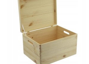 Houten kistje met klep deksel, 39,5cm breed, inhoud 27,6L