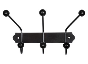 Kapstokrek met 3 haken - zwart staal - zwart houten bollen