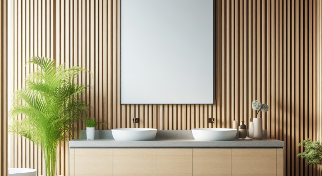 Houten wandbekleding in de badkamer