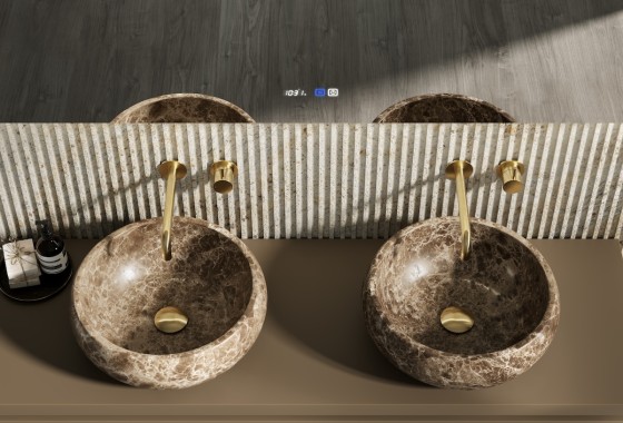 Een luxe, natuurlijke look met opbouwkommen - Thebalux Badkamermeubelen