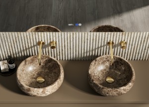 Een luxe, natuurlijke look met opbouwkommen - Thebalux Badkamermeubelen