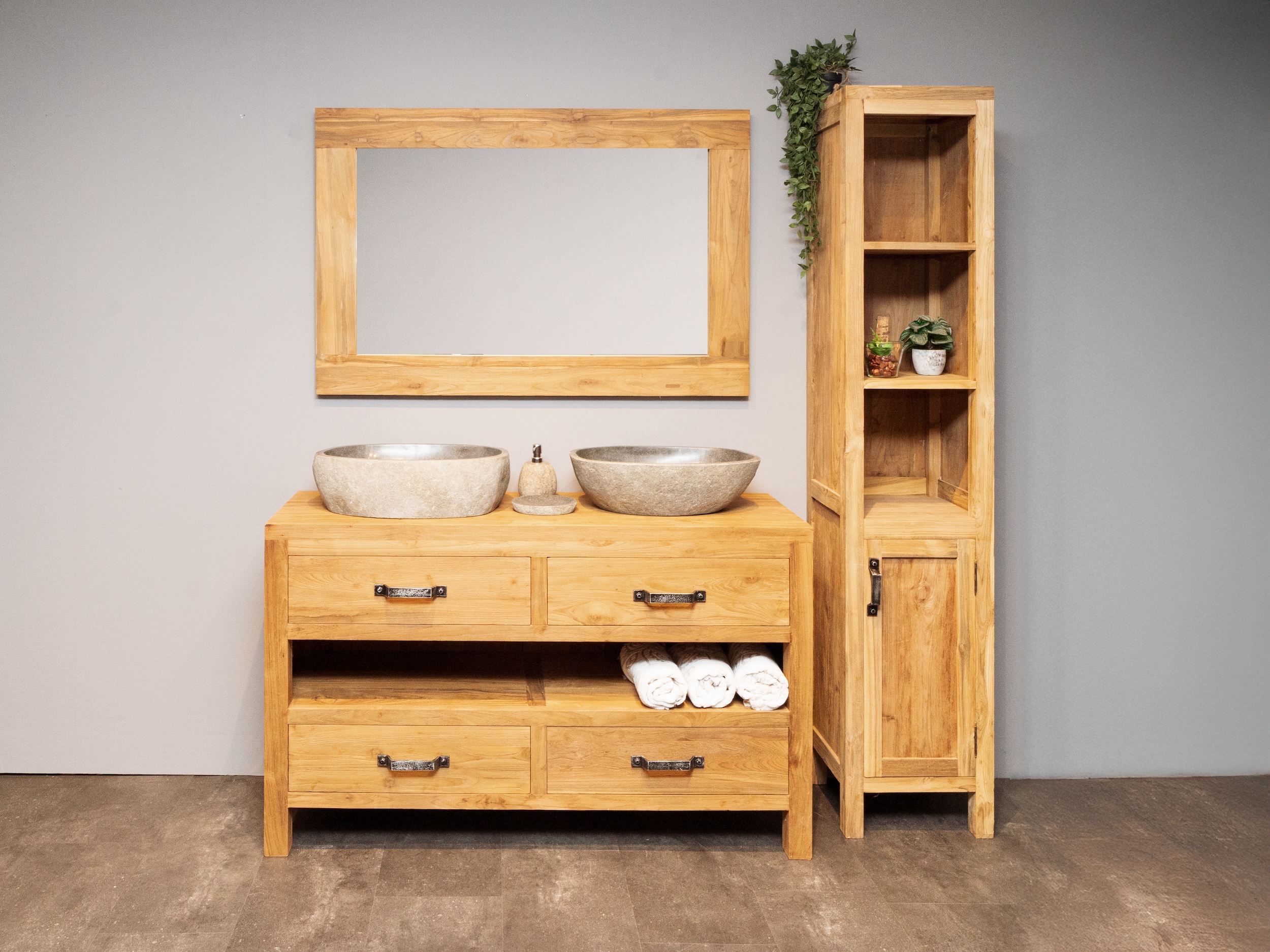 Badkamermeubelset met kast, spiegel en waskommen | Puurteak