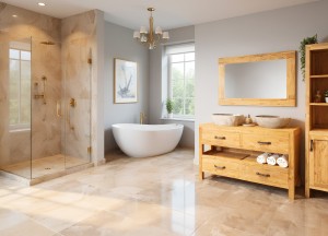 Puurteak Badmeubel set 140 cm Naturel incl. kast, spiegel & waskommen - 