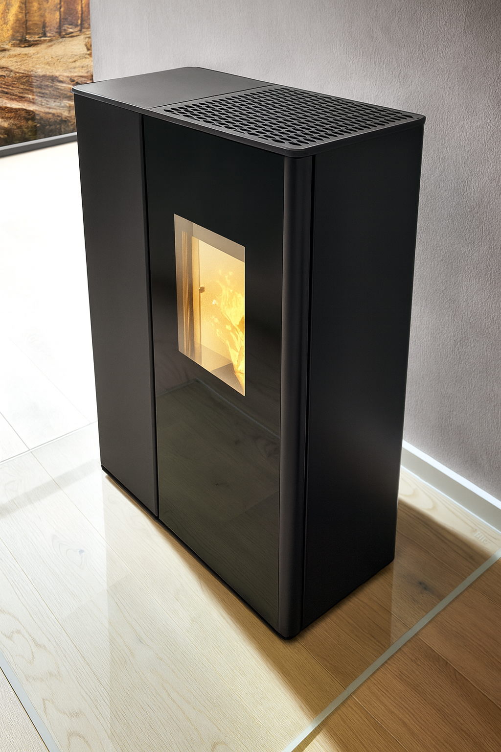 Een ondiepe, stille pelletkachel die je pas na 22 uur stoken moet bijvullen