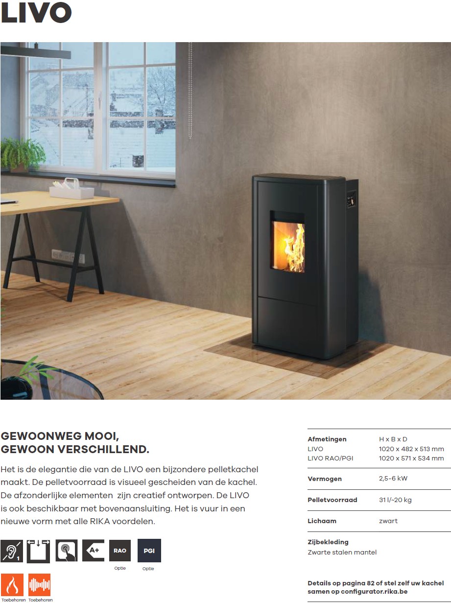Compacte houtkachel RIKA Livo die een schone ruit houdt en stil is