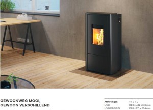 Compacte houtkachel RIKA Livo die een schone ruit houdt en stil is