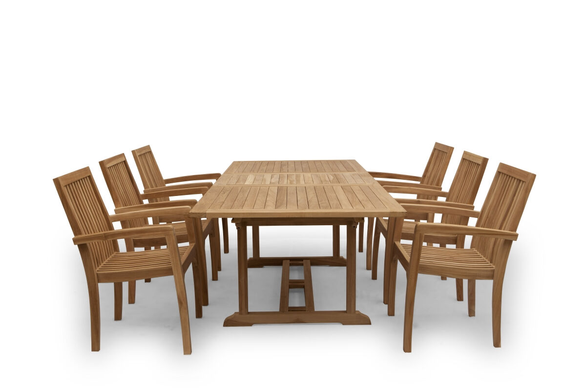 Teakhouten Tuinset | Uitschuifbare Tuintafel Rechthoekig en 6 Stapelbare Tuinstoelen Pile