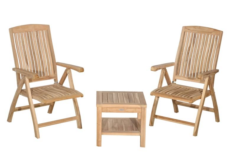 Twee Verstelbare Teakhouten Tuinstoelen met Bijzettafel 50x50x45 met onderblad