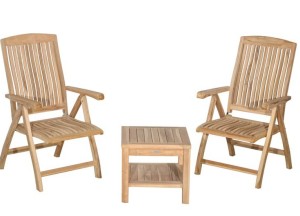 Twee Verstelbare Teakhouten Tuinstoelen met Bijzettafel 50x50x45 met onderblad - Teakea