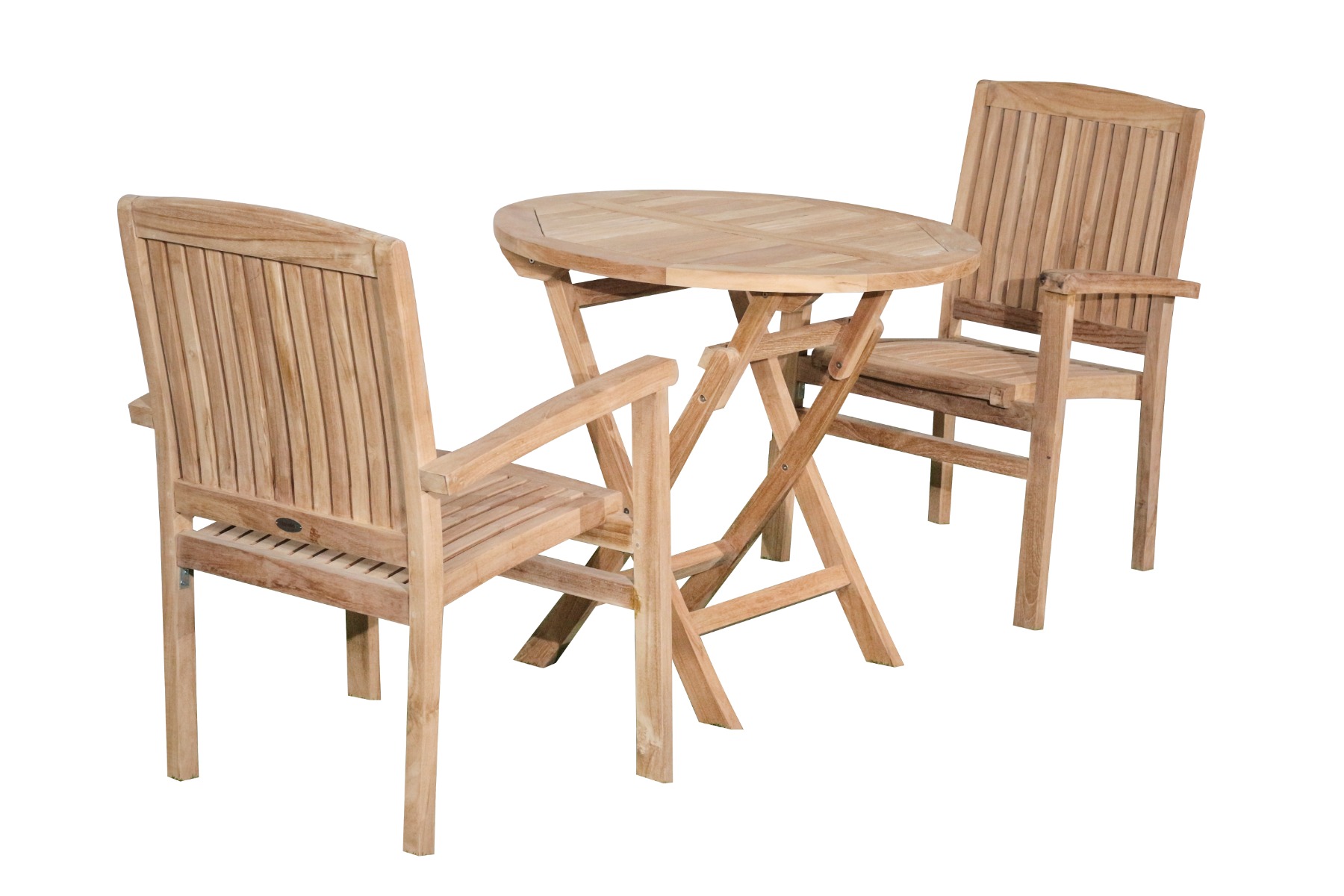 Twee Ibiza Stapelbare Teak Tuinstoelen + Klaptafel 70 Rond - Stijlvol Buitencomfort