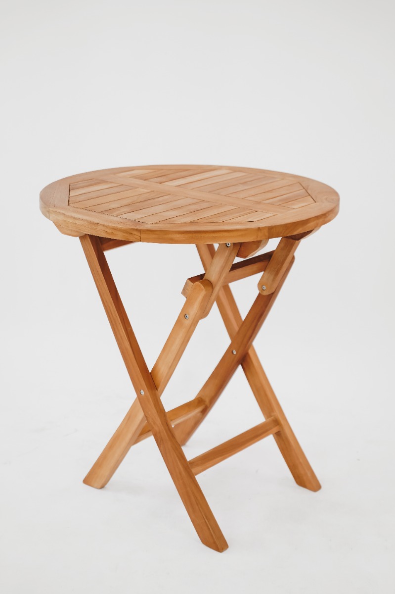 Vier Inklapbare Teak Tuinstoelen + 70 cm  Ronde Inklapbare Teak Tuintafel