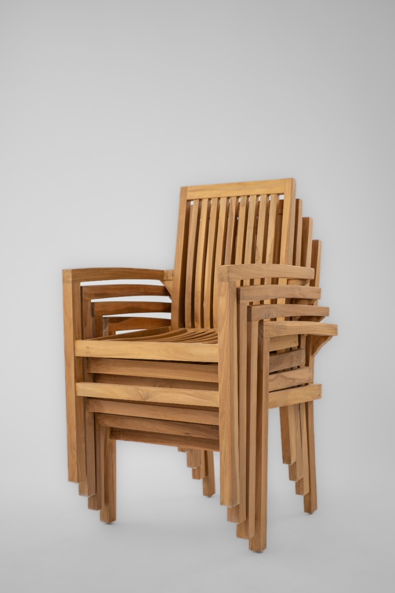 Teakhouten Tuinset Pile | Ovaal Uitschuifbare Tuintafel en Stapelbare Tuinstoelen