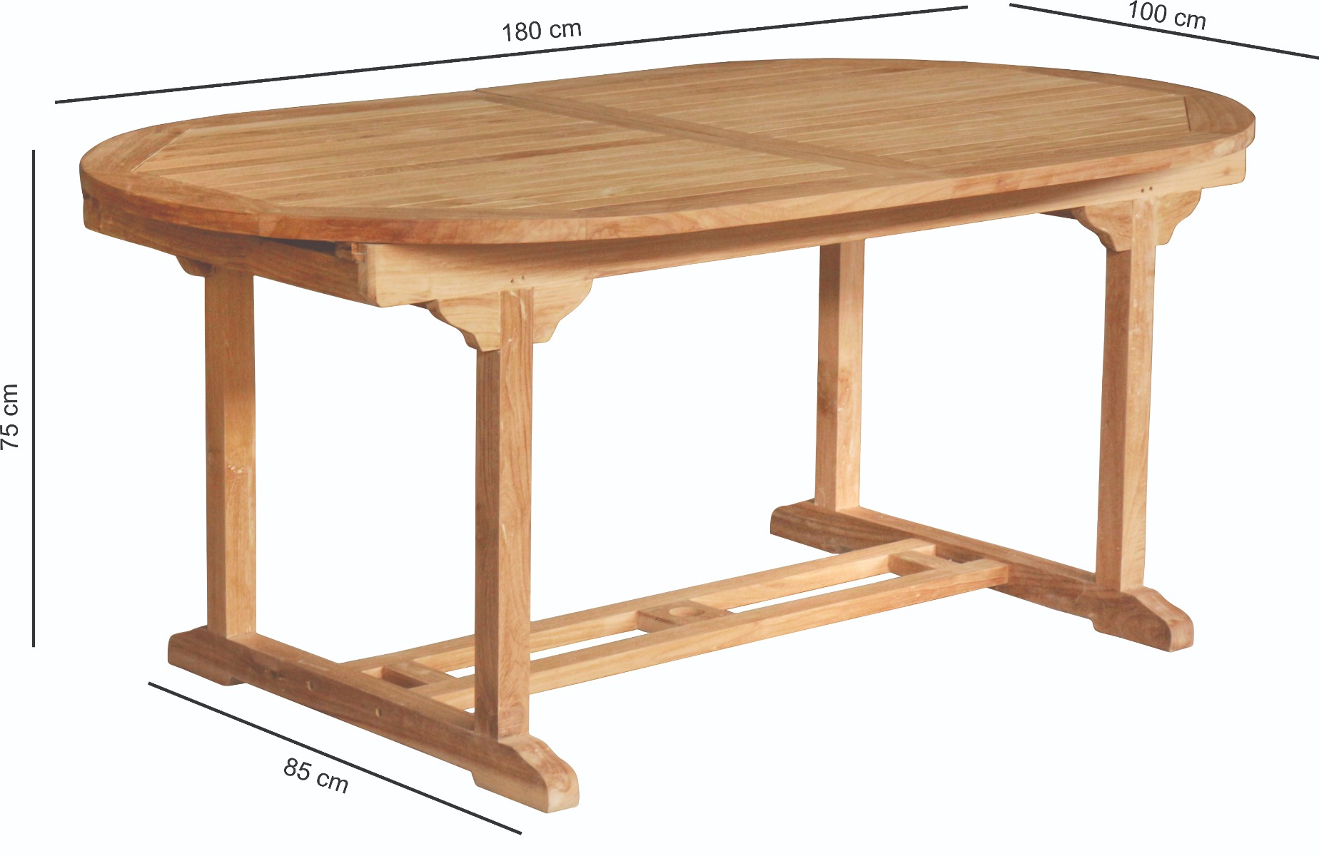 Ontdek de uitschuifbare ovale tuintafel van teakhout, die uitrekt tot 240 cm. Perfect voor zes personen, met RVS bouten en beslag en een ingebouwde parasolopening.