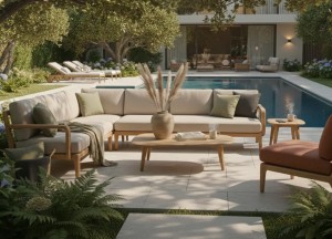 Solace Premium Teak Loungeset – 5-delig – FSC® Gecertificeerd – Olefin All-Weather Kussens – Sand &amp;amp; Terracotta - Teakea