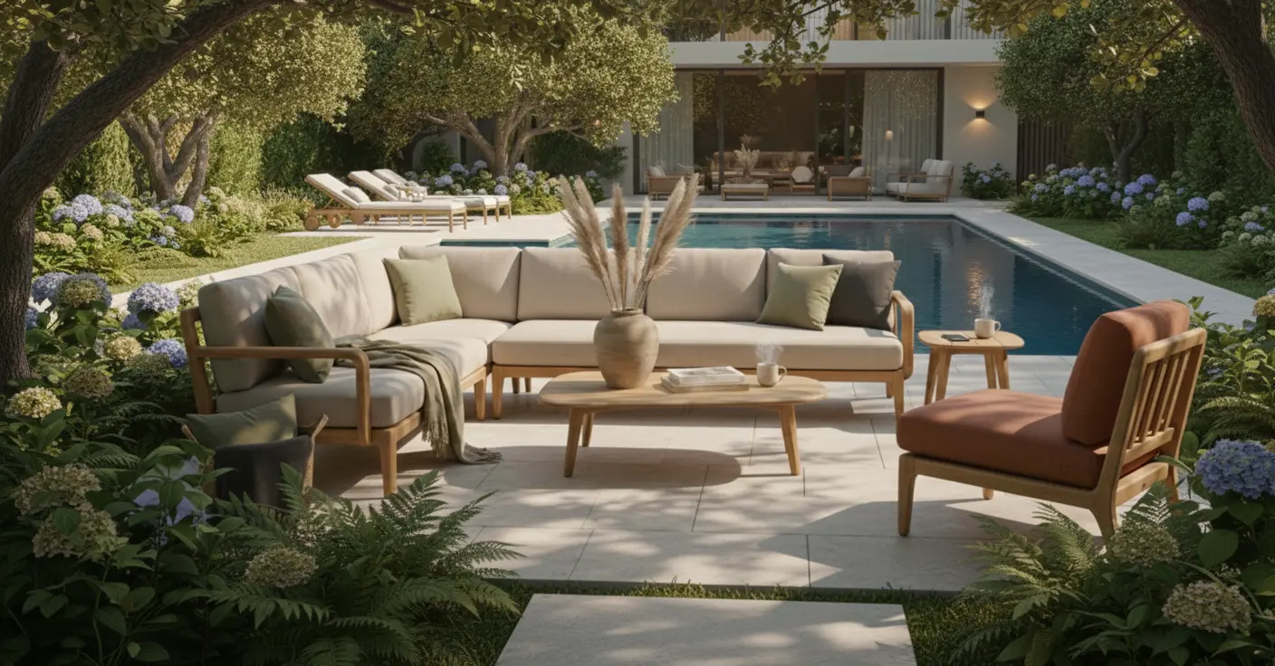 Solace Premium Teak Loungeset – 5-delig – FSC® Gecertificeerd – Olefin All-Weather Kussens – Sand &amp; Terracotta