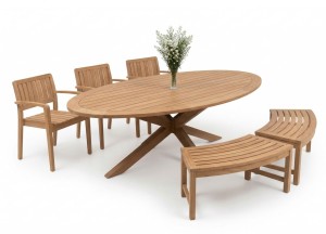 Ontdek de Teak tuinset Amara: ovalen tuintafel 260x110 met spinpoot en 6 stapelbare stoelen. Duurzaam, stijlvol en ideaal voor tuin &amp;amp; terras. - Teakea