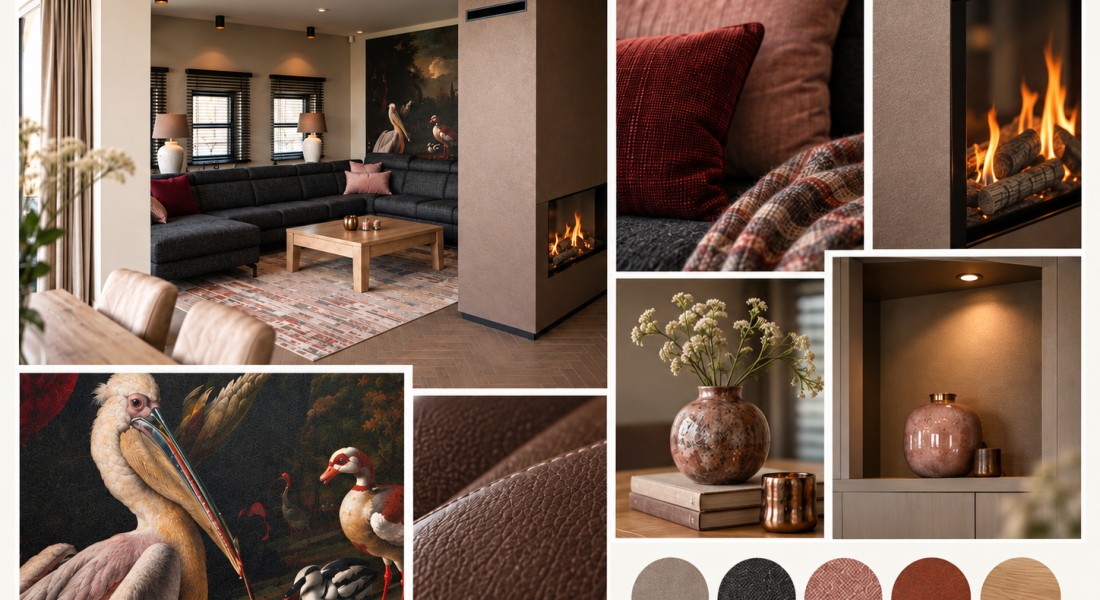 Moodboard voor een sfeervolle indeling van een grote woonkamer