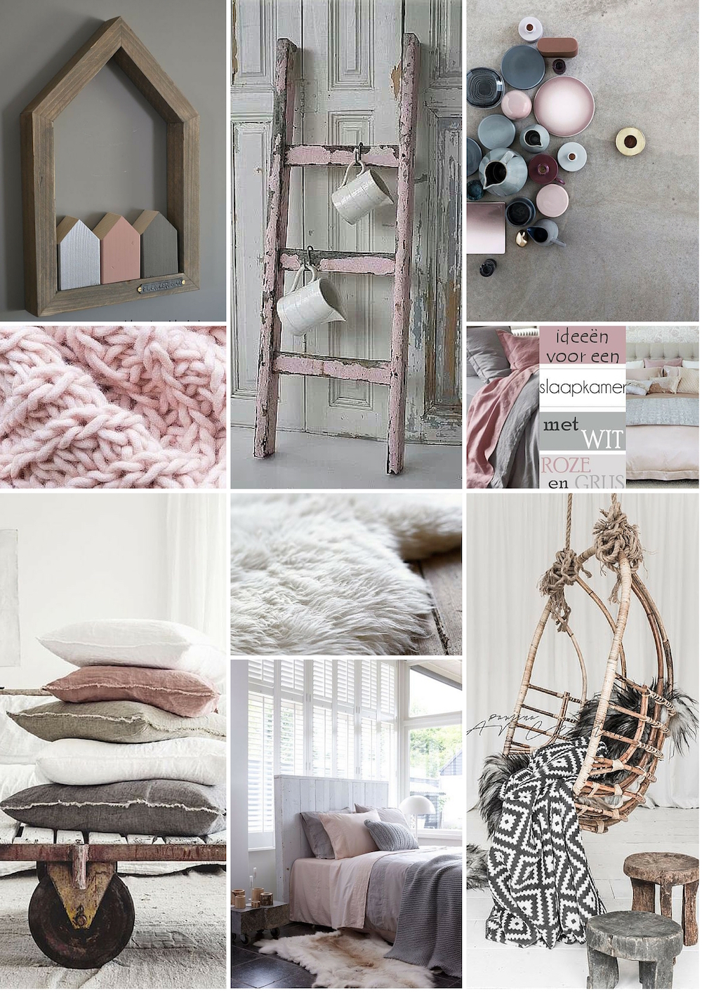 Moodboard slaapkamer meisje: roze, wit en grijstinten met hout accenten. Slappkamerruil via Styling ID