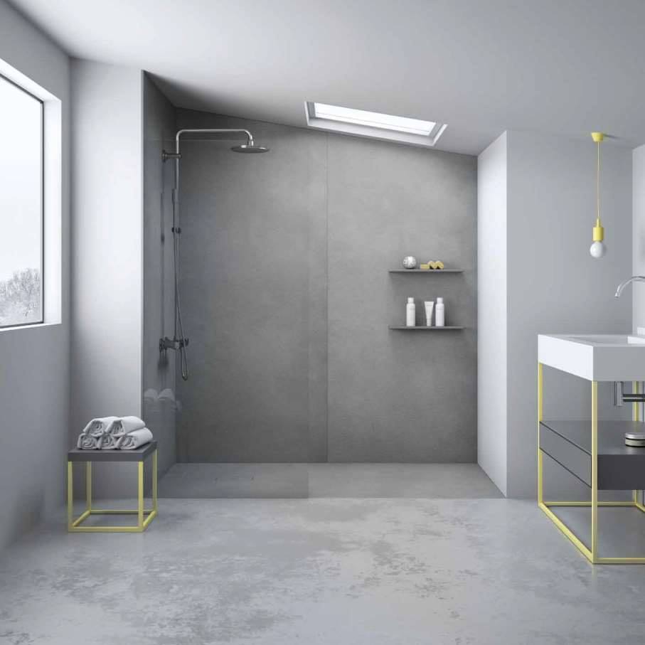 Douchevloer CEMENT van Cross Tone met realistische afwerking met industriële look voor trendy badkamer #douchevloer #badkamer #cement #crosstone