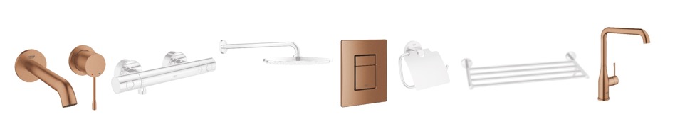 Grohe Essence badkamerkraan en accessoires in gepolijste en matte Warm Sunset kleuren geven het een origineel accent met een rosé-gouden tint #badkamer #design #kraan #accessoires