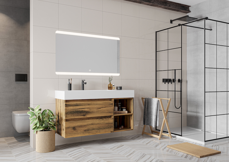 Asymmetrische badkamermeubelen zijn de trend in de badkamer. Badmeubel Infinity met regaalkast van new wave via H&R badmeubelen #badmeubel #badkamer #asymmetrisch #inspiratie