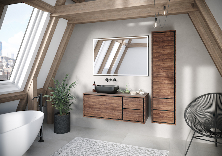 Asymmetrische badkamermeubelen zijn de trend in de badkamer. Badmeubel Rize van new wave via H&R badmeubelen #badmeubel #badkamer #asymmetrisch #inspiratie