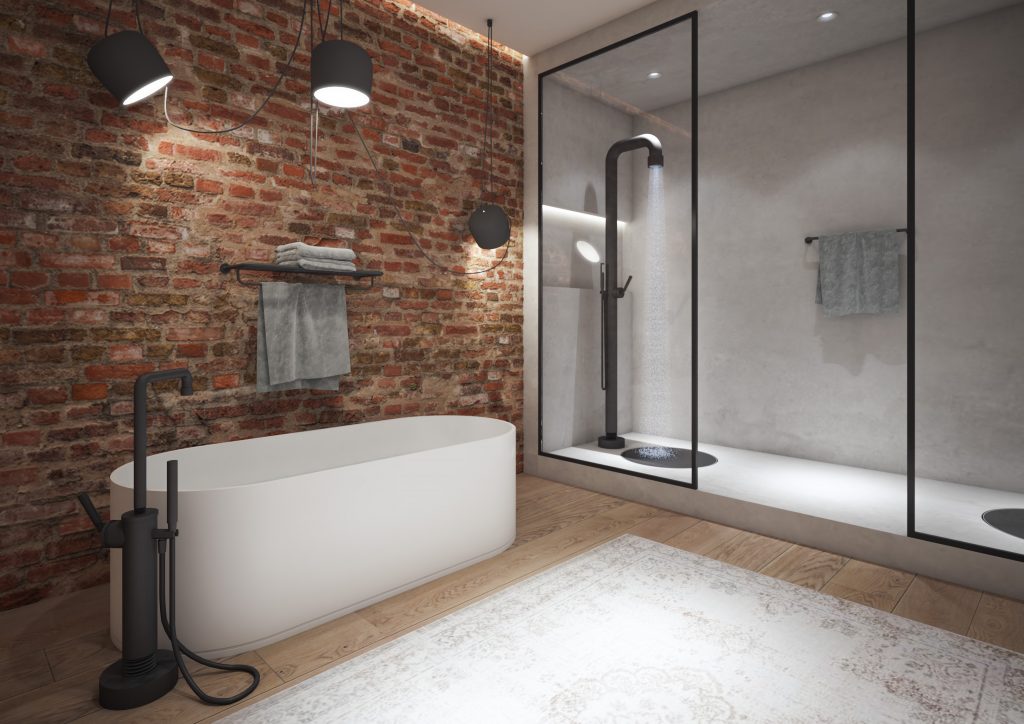 Badkamerinspirtie! Badkamer in New York met vrijstaande badvuler en vrijstaande douche uit de Soho series van Jee-O #dutchdesign #jeeo #badkamerinspiratie #bad #badkamer #douche #kranen #sohoseries