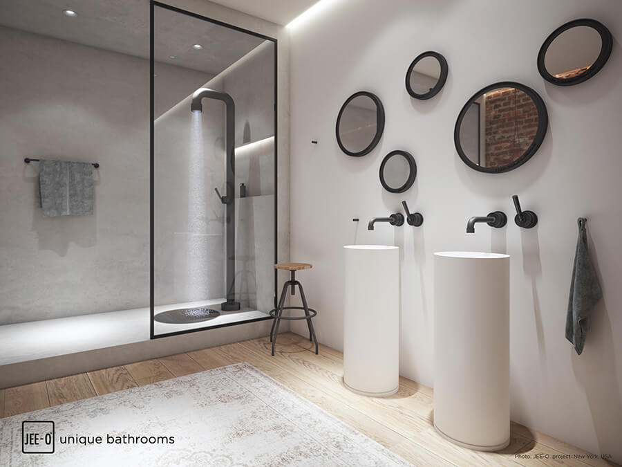 Zwarte kranen en douche Jee-O Soho in prachtige badkamer met industriële uitstraling #wandkranen #kranen #badkamer #badkamerinspiratie #jeeo #sohoseries