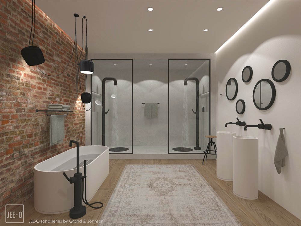 Zwarte douche, badkraan en wandkranen Jee-O Soho in prachtige badkamer met industriële uitstraling #wandkranen #kranen #badkamer #badkamerinspiratie #jeeo #sohoseries