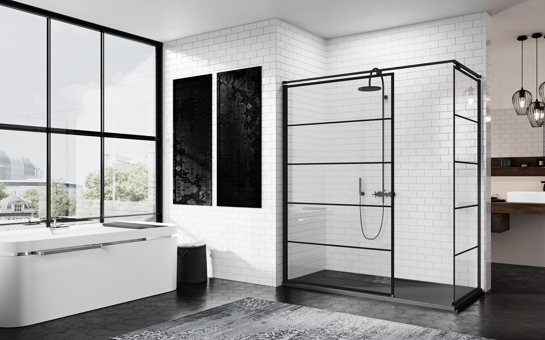 Badkamertrend: zwarte elementen in de badkamer. Glazen douchewand met zwarte afwerking van novellini voor een industriele look #badkamertrend #badkamer #badkamerinspiratie #zwart #novellini #douchewand #douche