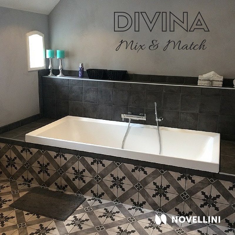 Bad Divina van Novellini. Het contrast tussen verschillende stijlen maakt je huis uniek en origineel. Het strakke design van het Divina bad past uitstekend bij de landelijke stijl van de tegels #badkamer #bad #tegels