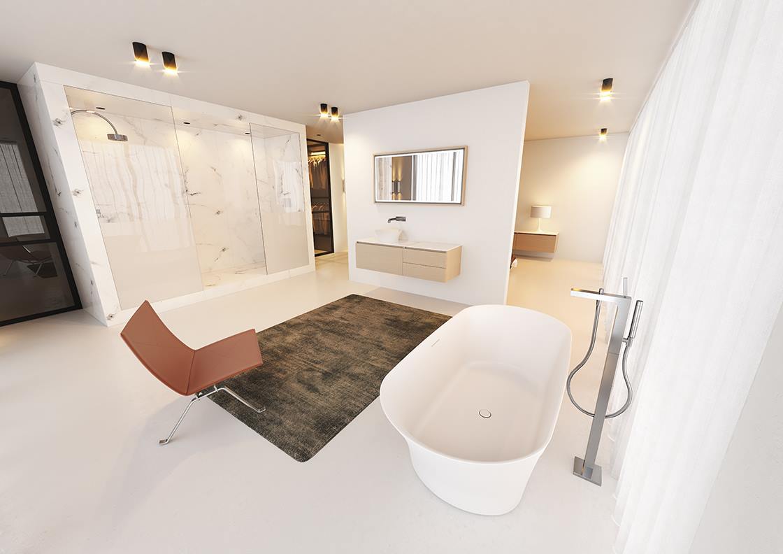 Vrijstaand bad van solid surface - Ligbad Barca van Riho #badkamer #ligbad #riho