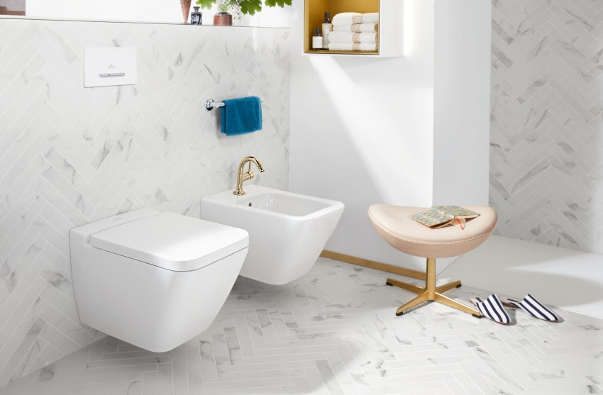 Badkamer inspiratie. Een stijlvolle badkamer met Finion, een complete collectie van Villeroy & Boch #badkamer #toilet