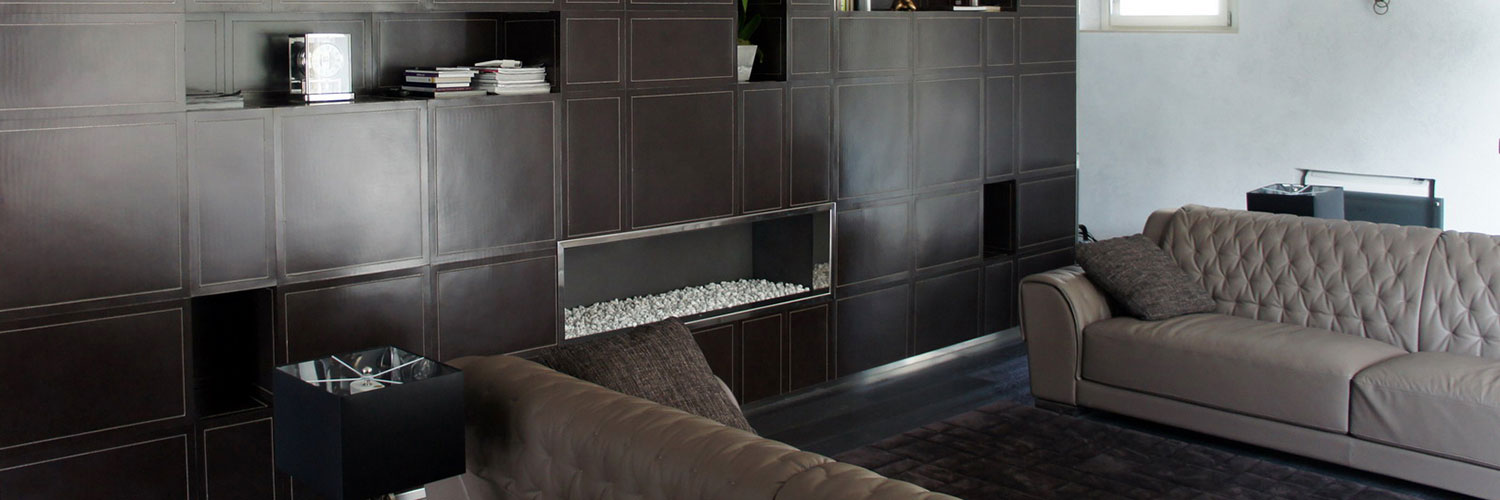 Gashaard in leren wandbekleding #etagon #haard #interieurinspiratie