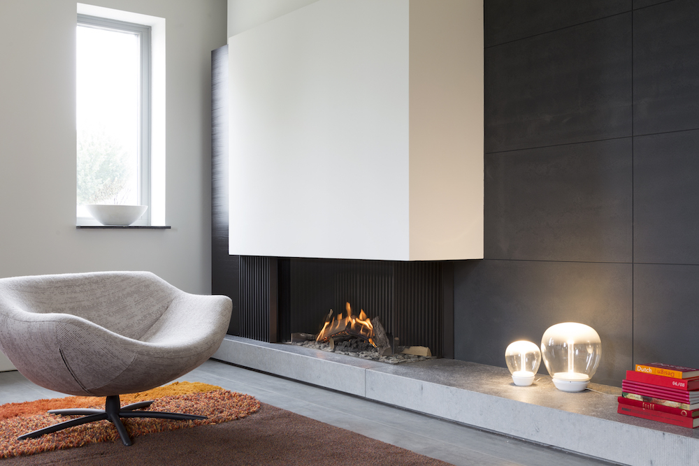 Haarden-trends voor deze winter - gashaard Kalfire GP110-55c hoekhaard in modern interieur #gashaard #kalfire #interieur #haard