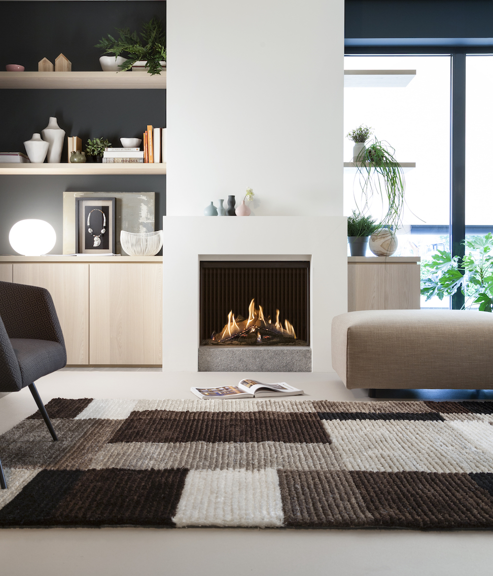 Haarden-trends voor deze winter - gashaard Kalfire GP75-59f Designhaard in interieur #gashaard #kalfire #interieur #haard