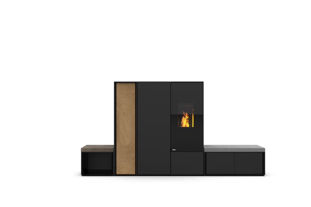 Pelletkachel met zelf samen te stellen haard-meubel. Modulaire pelletkachel Rika Connect Pellet #pelletkachel #haard #pellet #rika #haardmeubel #modulair #interieur