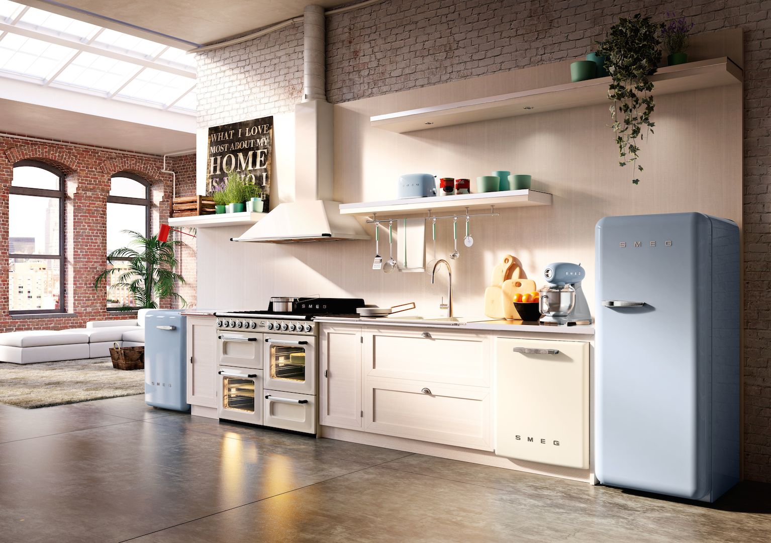 Keuken met smeg inbouwapparatuur en klein huishoudelijk apparaten in jaren 50 stijl #smeg