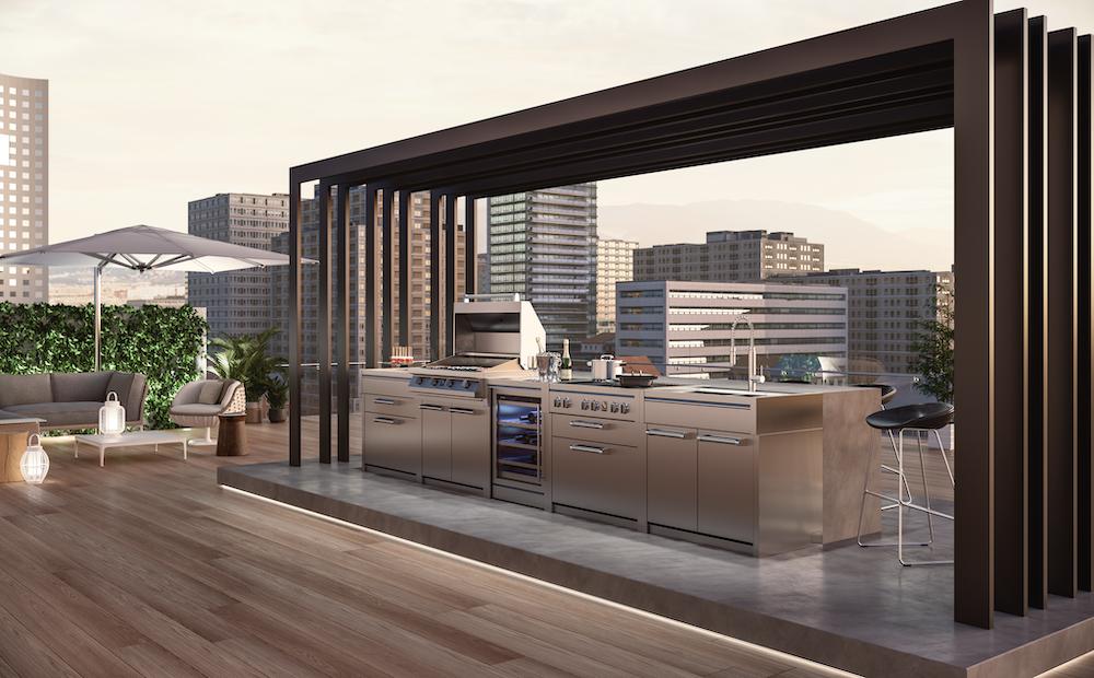 Luxe buitenkeuken van Steel. Modulaire buitenkeuken met gasbarbecue. #steel #steelcucine #buitenkeuken #outdoorkitchen #gasbarbecue