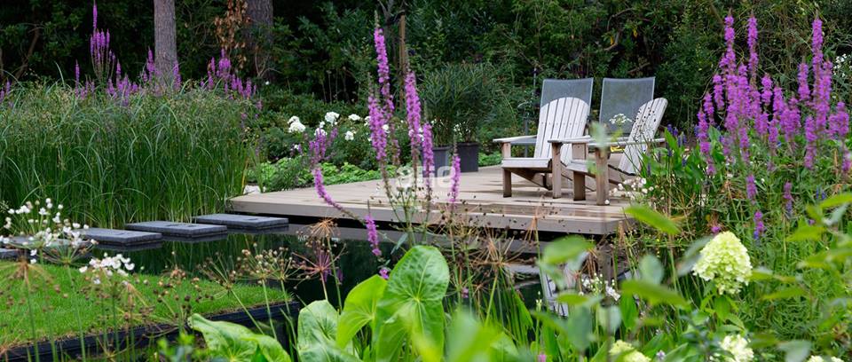 Tuin met ecologische zwemvijver en composiet terras van Esthec Terrace - ontwerp Arie tuinarchitectuur