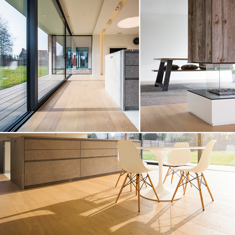 Licht parket van brede eikenhouten planken in villa met modern interieur - via Lamett