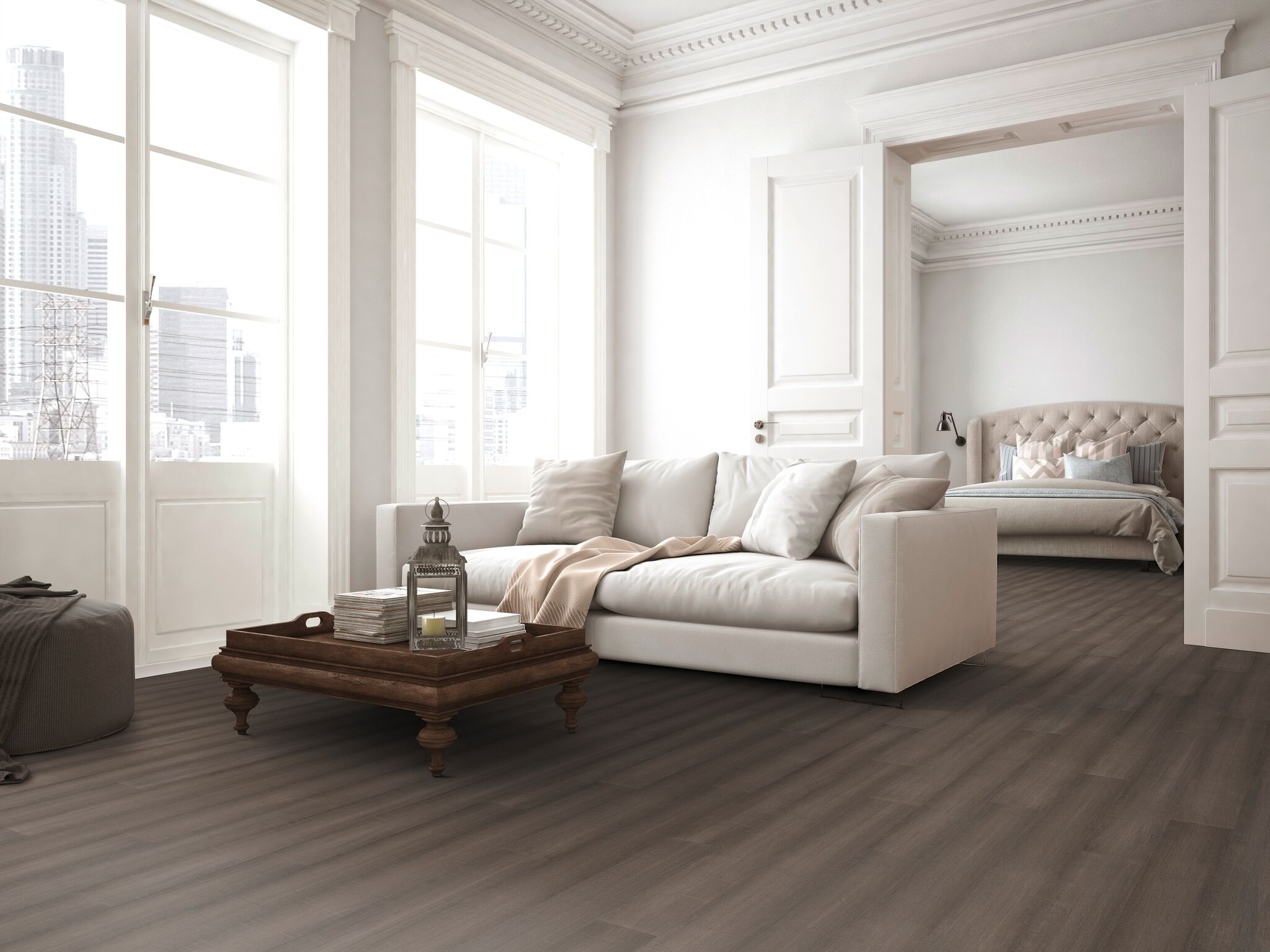 Bamboevloer met verouderd uiterlijk. Prachtig in een eigentijds, modern interieur. Topbamboe vloer Antiek Grey van MOSO #bamboe #vloeren #bamboevloeren #moso