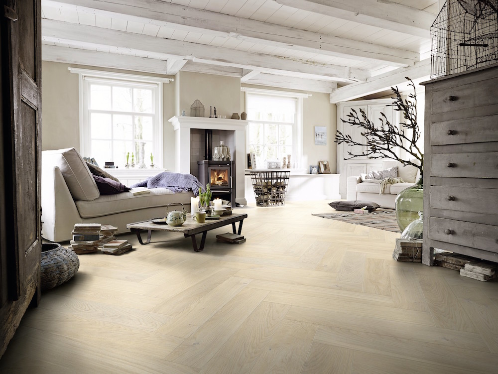 Modern visgraat parket MEISTER Longlife-parket Residence PS 500, Eik authentic wit 8563, geborsteld, natuurgeolied #parket #houtenvloer #meister #visgraat