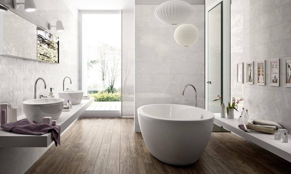 Houtlook in de badkamer met keramische vloertegels met houtlook van Nibo Stone #hout #badkamer